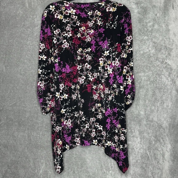 Ellen Weaver XL Shirt Top Black Floral Ruched 3/4 Sleeve Scoop Neck Stretch - Picture 5 of 8